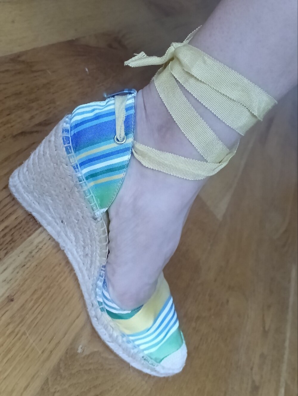 Nine West Yellow Striped Espadrille Wedge Sandals with Ankle Tie